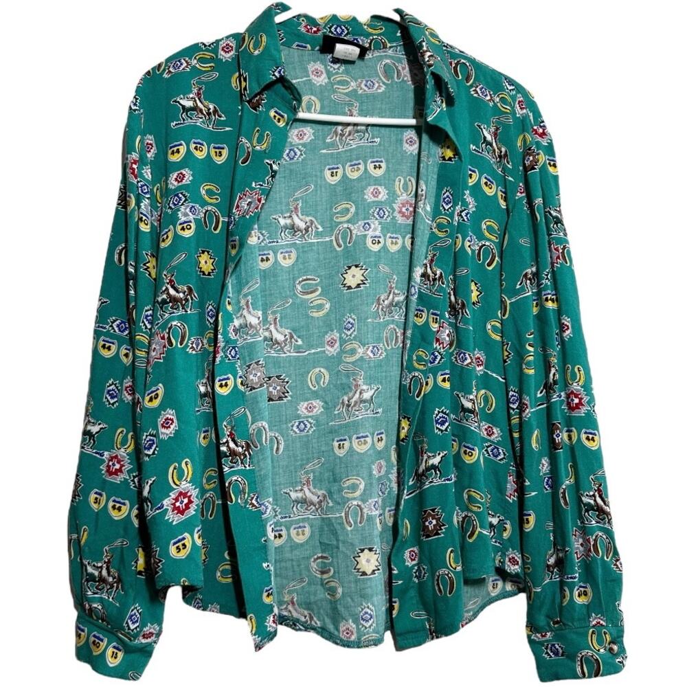Vintage Roughrider by Circle T Button Down 90s Horse Riding Print AOP Green S